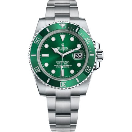 Rolex Submariner Date 116610LV-0002 "Hulk" luxury dive watch featuring a 40mm Oystersteel case, green sunburst dial, green Cerachrom unidirectional bezel, Mercedes hands, date display with Cyclops lens, and stainless steel Oyster bracelet.